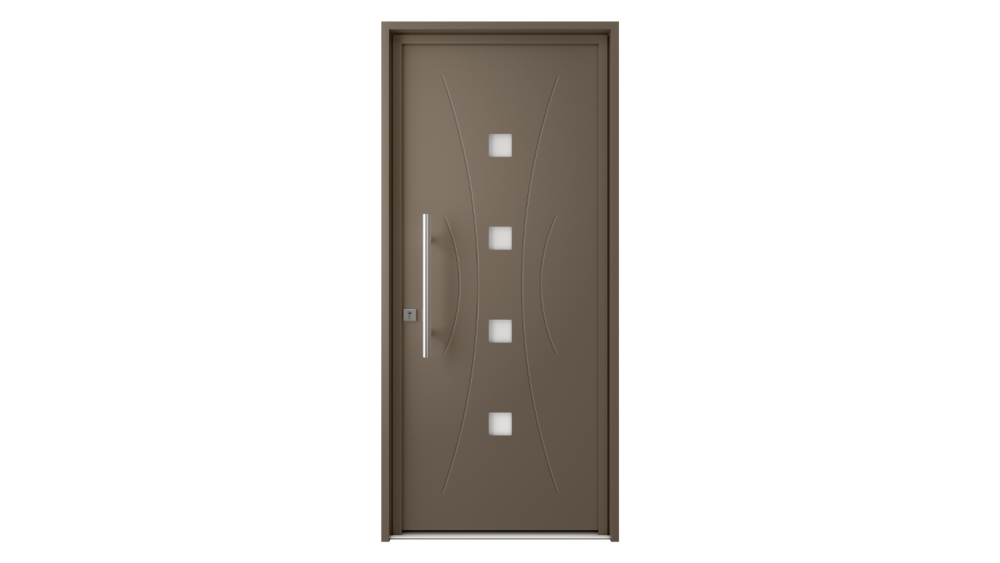 Porte d'entrée aluminium SANTORIN Porte d'entrée marron composée de courbes décoratives ainsi que 4 carré vitrés